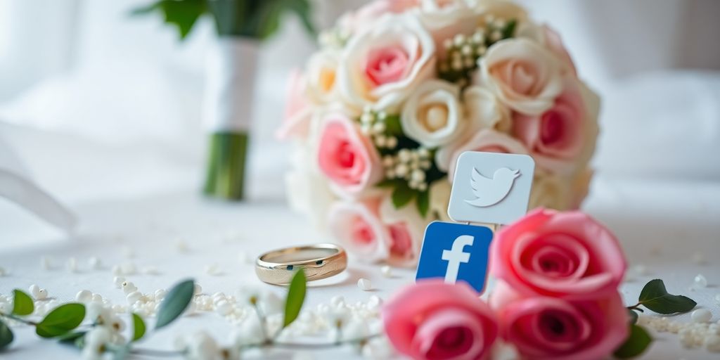 Hochzeitsring und Blumen mit sozialen Medien Icons.