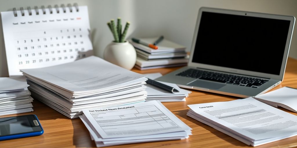Organisierter Schreibtisch mit Unterlagen und Kalender für Steuern.