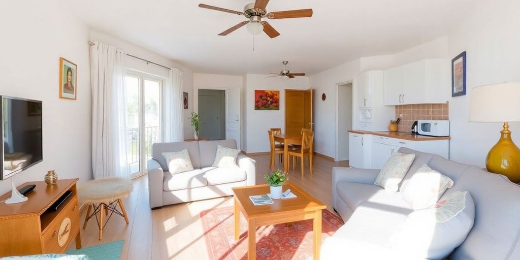 Gemütliches Ferienwohnung-Interieur mit hellem Licht und Möbeln.