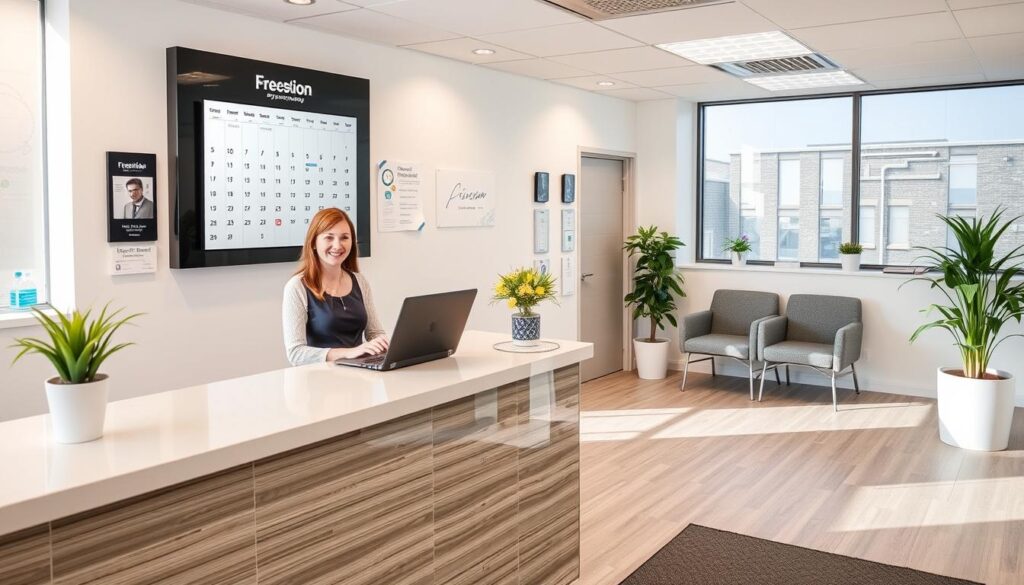 Empfangsbereich einer modernen Physiotherapiepraxis mit Terminkalender Empfangsbereich einer modernen Physiotherapiepraxis mit Terminkalender