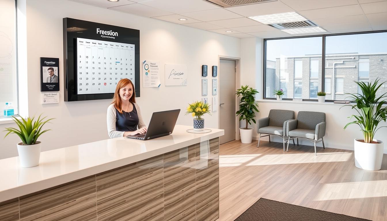 Empfangsbereich einer modernen Physiotherapiepraxis mit Terminkalender