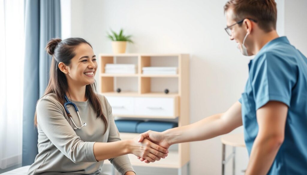 Erfolgreiche Physiotherapie-Behandlung mit zufriedenem Patienten Erfolgreiche Physiotherapie-Behandlung mit zufriedenem Patienten