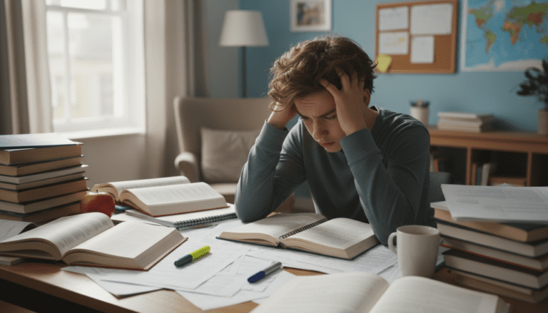 Ein besorgtes Kind sitzt am Schreibtisch mit Schulbüchern