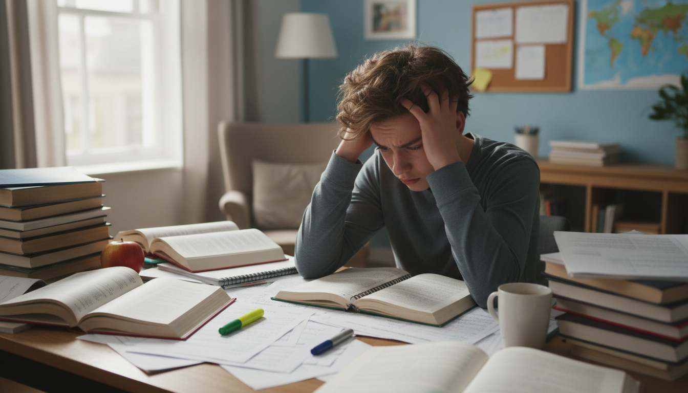Ein besorgtes Kind sitzt am Schreibtisch mit Schulbüchern