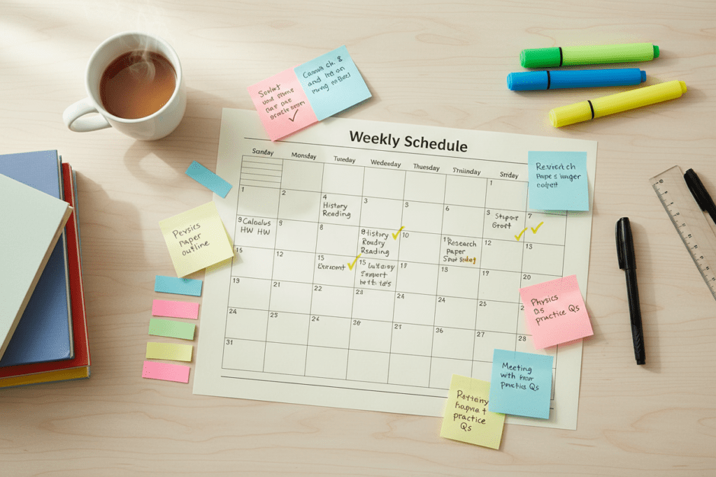 Ein strukturierter Lernplan mit bunten Markierungen auf einem Schreibtisch