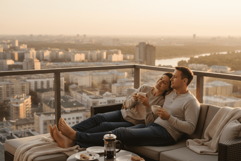 Eltern nehmen sich eine Auszeit mit Kaffee auf dem Balkon