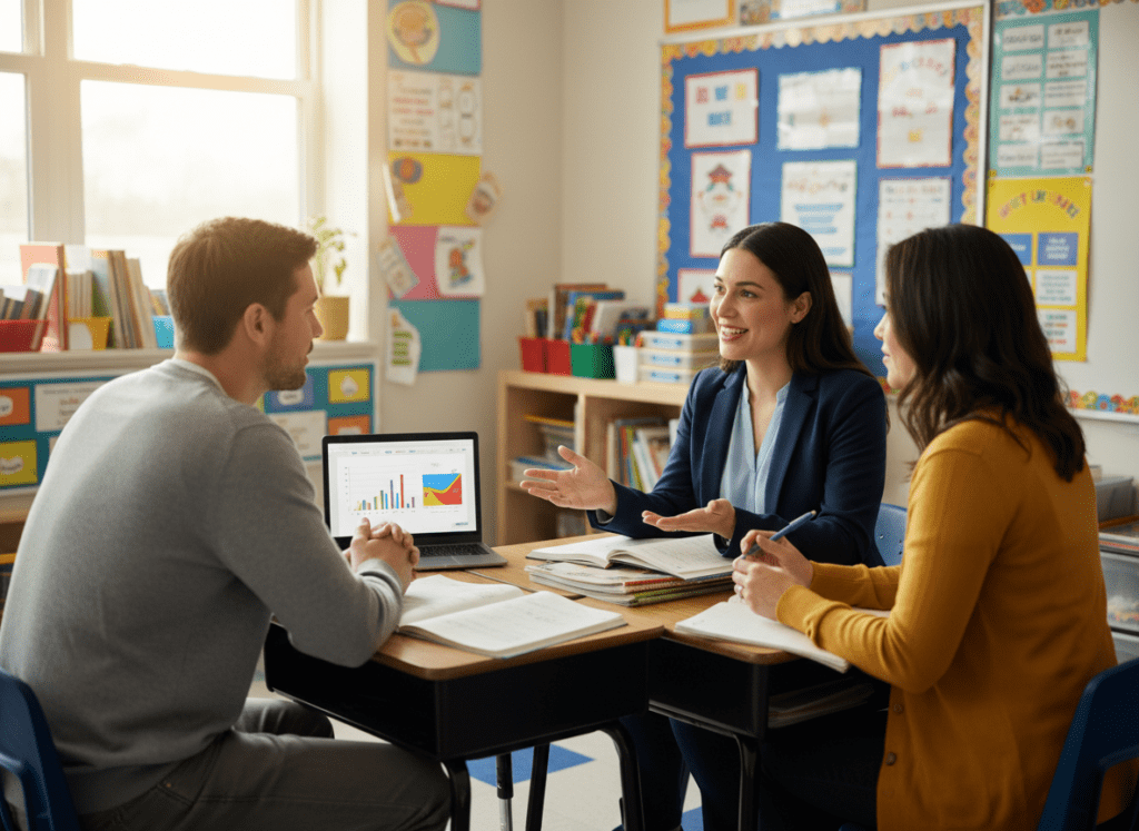 Elternsprechstunde mit Lehrerin am Schreibtisch