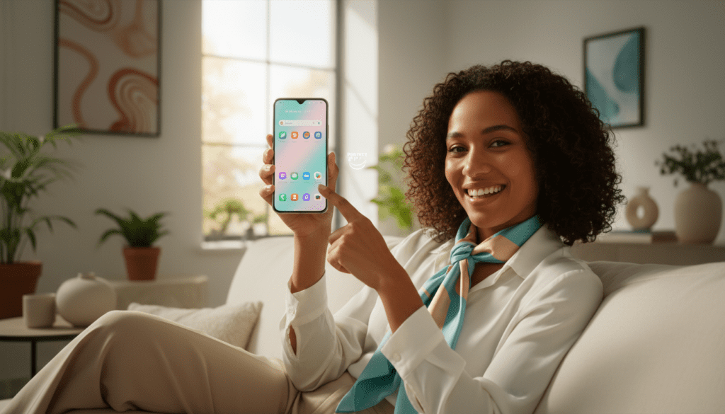 Glücklicher Smartphone-Nutzer mit passendem Gerät