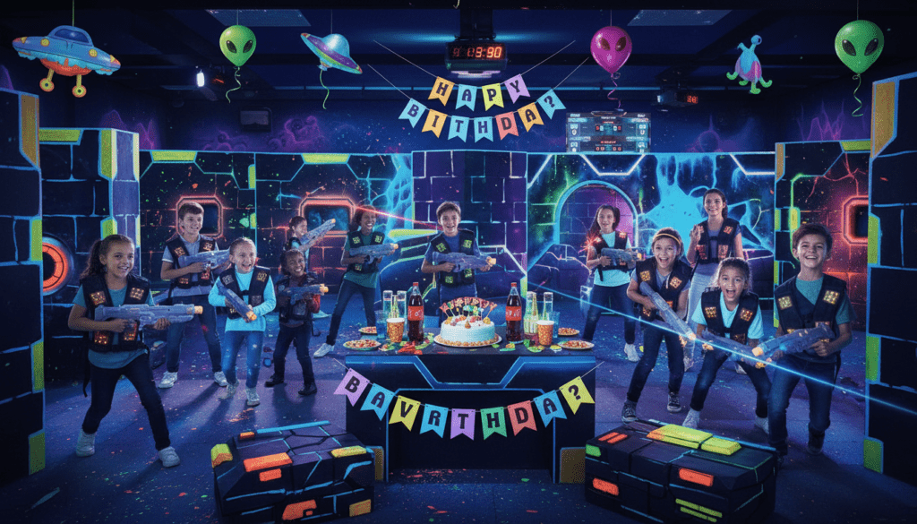 Kindergeburtstag Lasertag Feier mit Kindern in Action