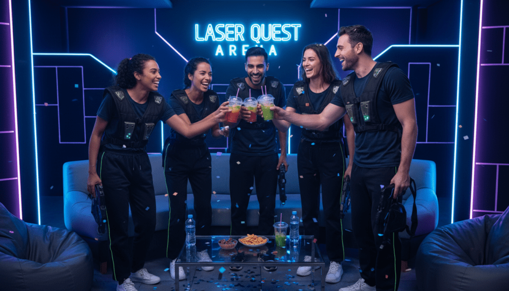 Lasertag Spieler nach erfolgreichem Spiel zufrieden