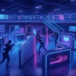 Moderne Lasertag Arena mit Nebel und Lichteffekten nahe Frankfurt
