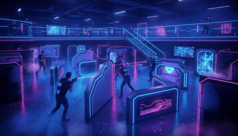 Moderne Lasertag Arena mit Nebel und Lichteffekten nahe Frankfurt