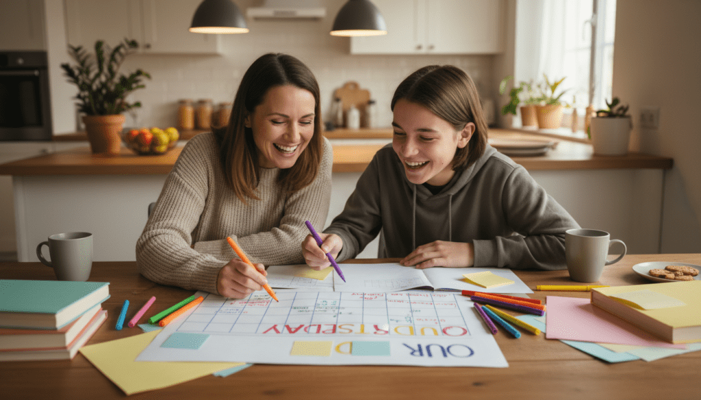 Mutter und Kind erstellen gemeinsam einen Lernplan am Küchentisch
