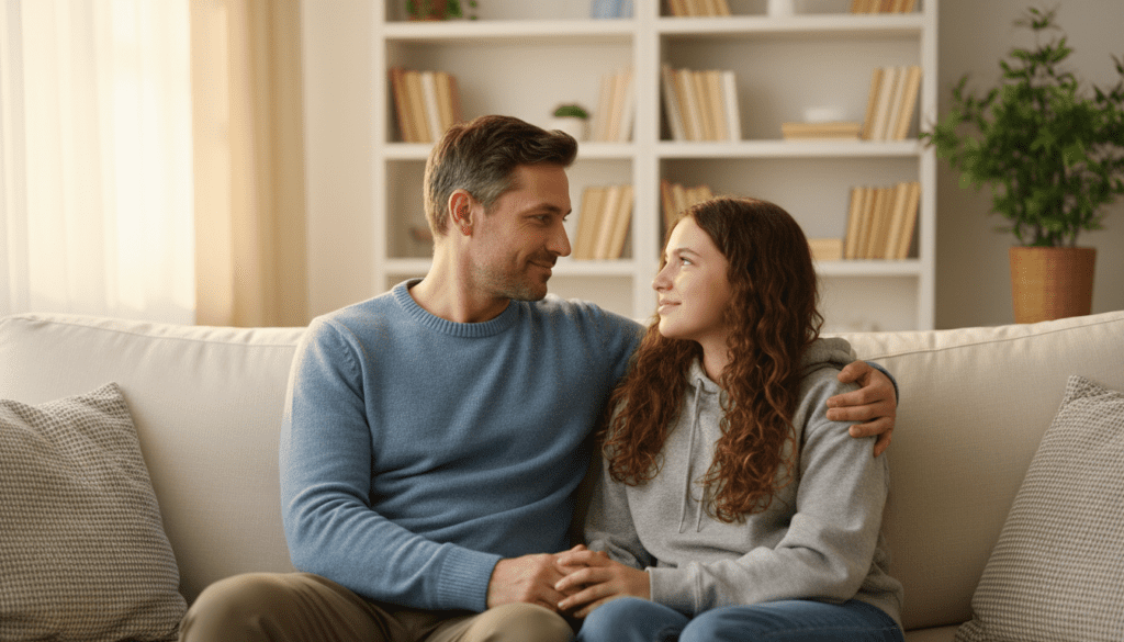 Vater im einfühlsamen Gespräch mit Tochter auf dem Sofa